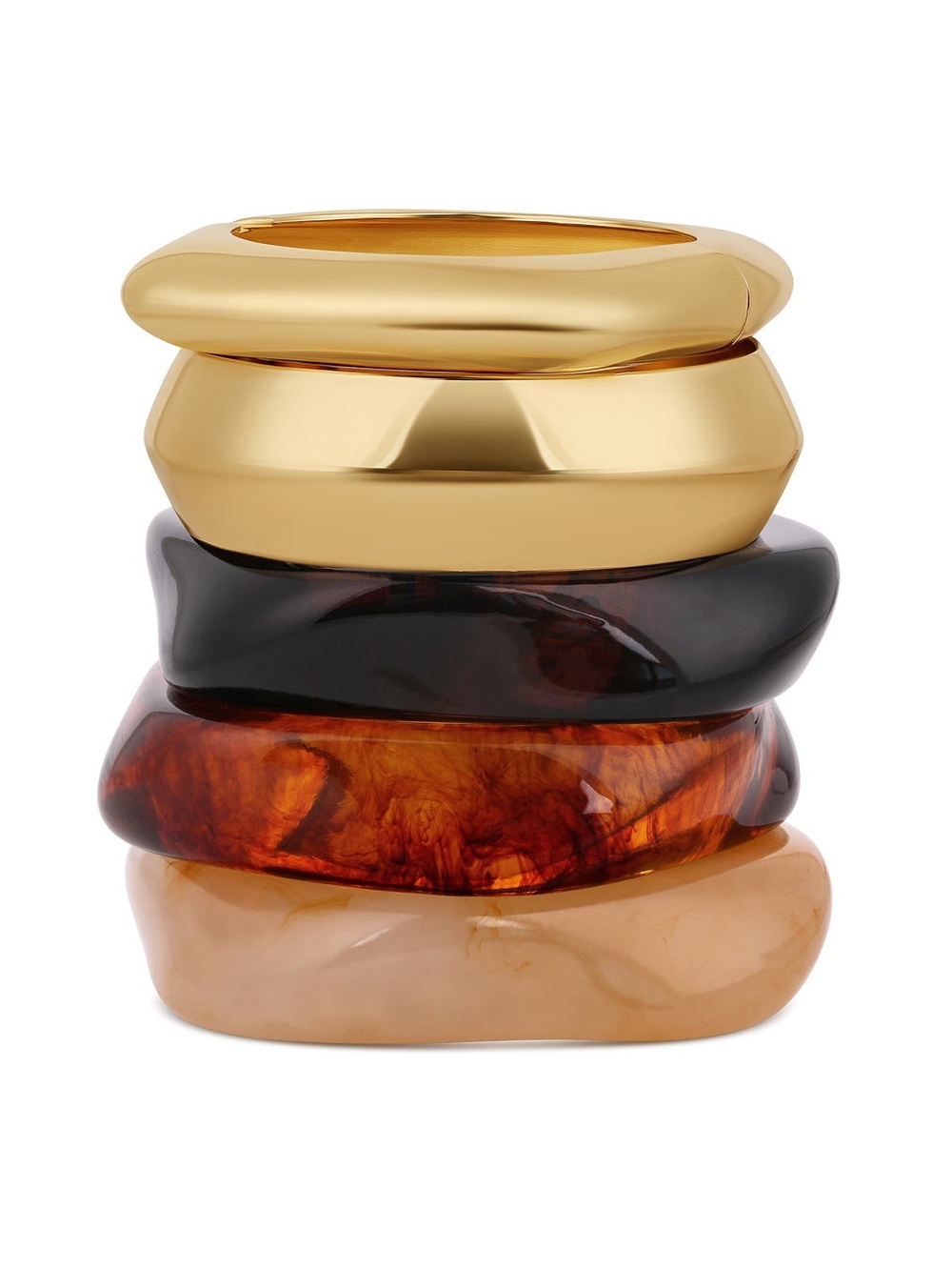 Stackable Mixed Resin and Gold-Plated Bracelets- Black, Gold, Amber, Cream